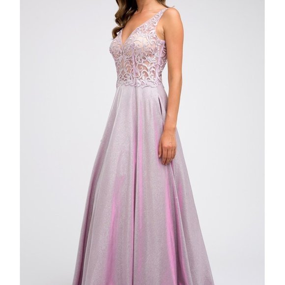 MAGENTA MAUVE COLOR V-Neck Sequined Bodice A-LIne Dress JT225